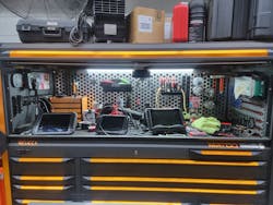 The hutch on Berg's Revel X houses many of his scan tools. The hutch on Berg's Revel X houses many of his scan tools.