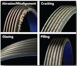 Figure 2- Four common failures of serpentine belts that lead to the symptoms customers experience. These characteristics offer clues to the ADBS root-cause failure. Figure 2- Four common failures of serpentine belts that lead to the symptoms customers experience. These characteristics offer clues to the ADBS root-cause failure.
