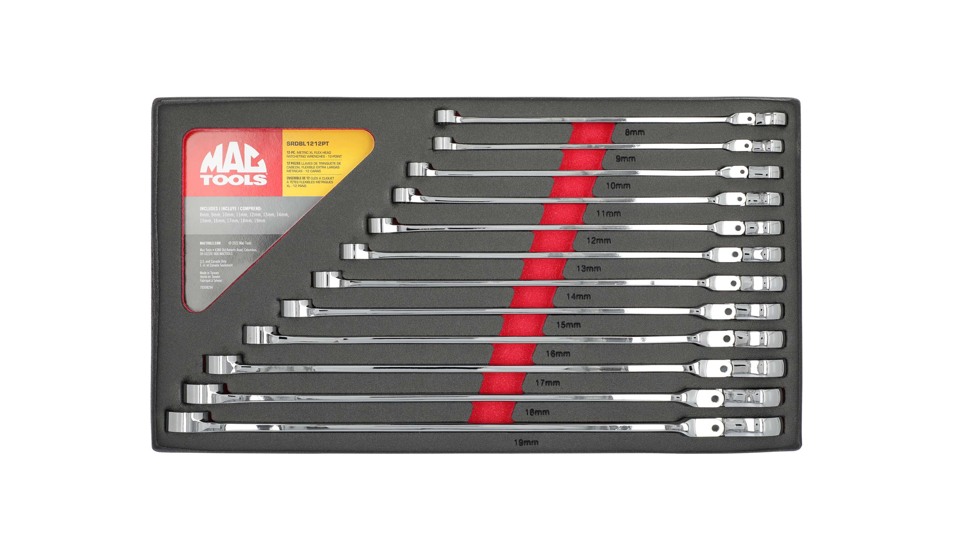 Mac Tools SAE and Metric XL Flex Head Ratcheting Wrenches, Nos. SRDBL1012PT and SRDBL1212PT