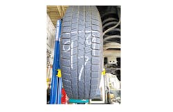 Measure tires across the tread and write the measurement in 32nds in chalk on the tread. Each subsequent inspection will show the number(s) going down, counting down till “retirement”. Measure tires across the tread and write the measurement in 32nds in chalk on the tread. Each subsequent inspection will show the number(s) going down, counting down till “retirement”.