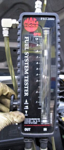 Figure 5- This fuel volume tester offers more information than just a pressure gauge alone. Maintaining the proper pressure with adequate flow is what is required of a fuel delivery system. Figure 5- This fuel volume tester offers more information than just a pressure gauge alone. Maintaining the proper pressure with adequate flow is what is required of a fuel delivery system.