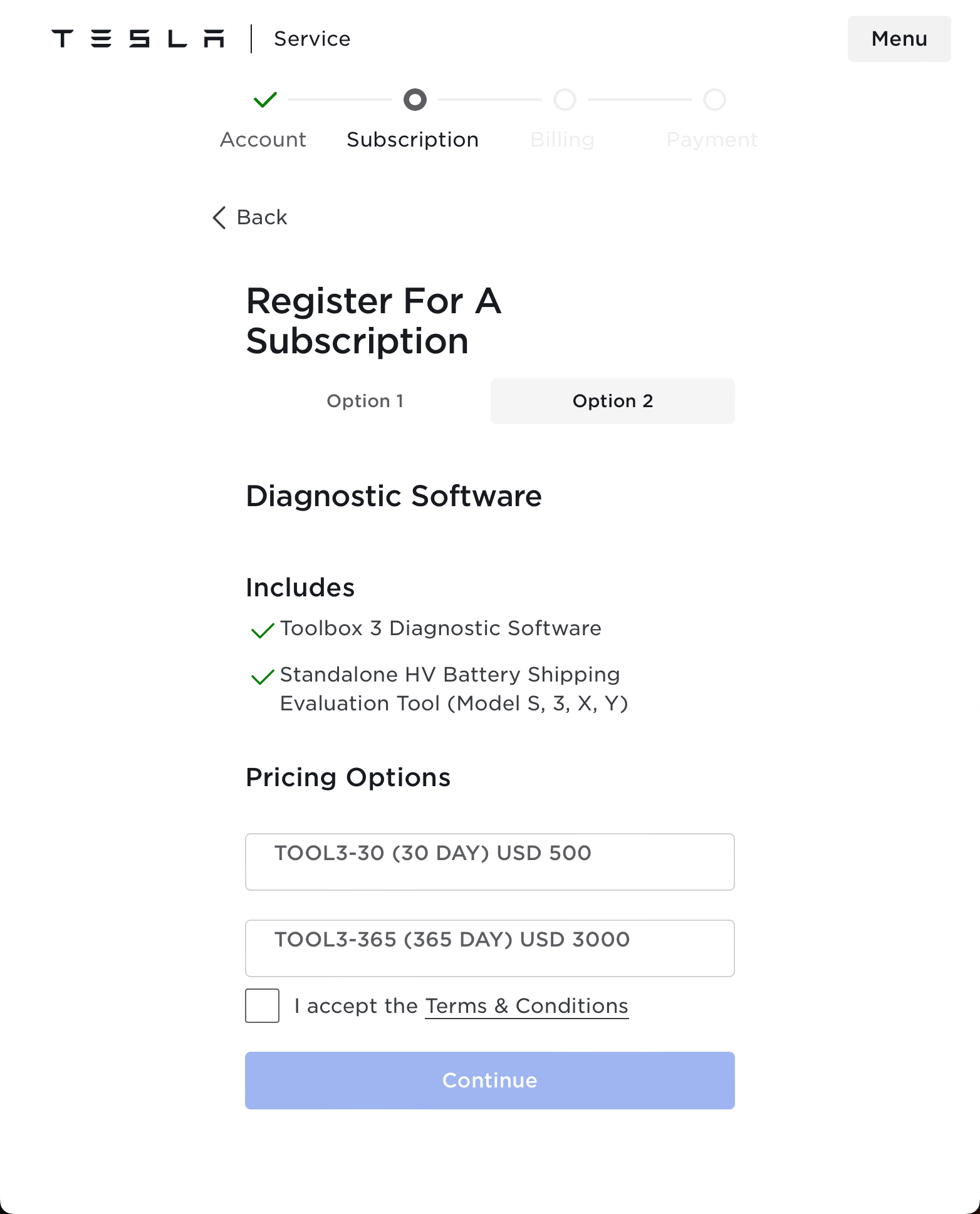 Figure 1 - Tesla diagnostic software subscription