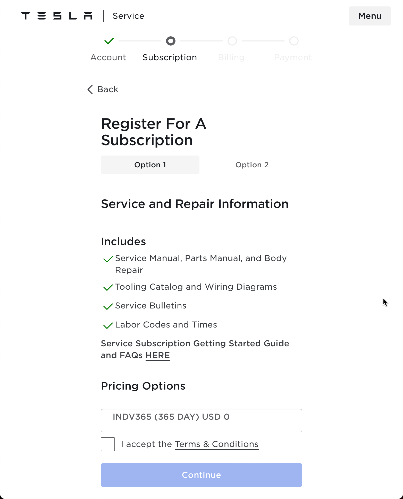 Figure 2 - Tesla service information subscription