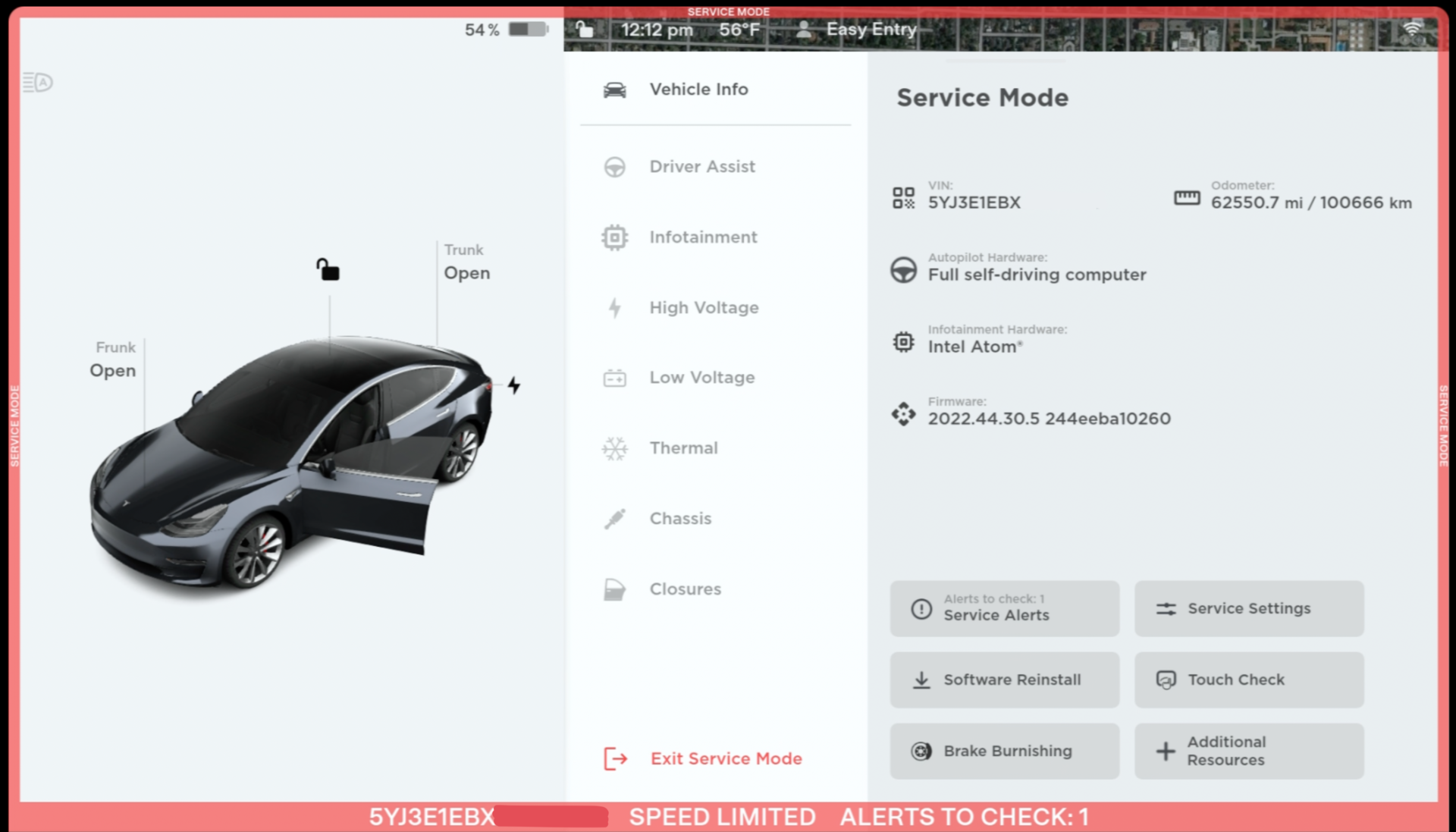 Figure 4 - Tesla Model 3 'Service Mode' menu