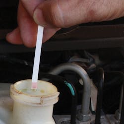 The Motorist Assurance Program (MAP) supports testing brake fluid by either using a copper test strip or a pH test strip. Both of these methods allow you to quickly test the fluid to see if there is degradation. Any copper test strip that shows more than 200 ppm requires a fluid exchange.