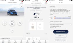 Figure 2- (Left) bidirectional commands available on my personal 2021 Ford Escape, (Center) current location, fuel range and alerts (washer fluid is low). (Right) dealer name and (estimated) oil life. Figure 2- (Left) bidirectional commands available on my personal 2021 Ford Escape, (Center) current location, fuel range and alerts (washer fluid is low). (Right) dealer name and (estimated) oil life.