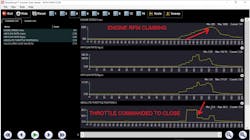 Figure 2- This second data set explains why the engine is experiencing a breathability fault. Although the throttle pedal is being depressed (not displayed here), requesting acceleration, the throttle position sensor show the PCM has other plans. It appears that the PCM commands the throttle blade closed, limiting the amount of incoming air. The MAFs appear to be reading differently from one (bank to bank) another as well. Figure 2- This second data set explains why the engine is experiencing a breathability fault. Although the throttle pedal is being depressed (not displayed here), requesting acceleration, the throttle position sensor show the PCM has other plans. It appears that the PCM commands the throttle blade closed, limiting the amount of incoming air. The MAFs appear to be reading differently from one (bank to bank) another as well.