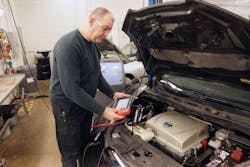 Figure 3 – The A/C line pressures and the interior temperature were monitored on a Nissan Leaf. Additionally, compressor RPM and desired interior temperature PIDs were observed. In cooling mode, the high-side pressure reached 147 psi, and the low-side pressure was 29 psi, at 70 degrees F. ambient temperature. The compressor speed was 3,500 RPM, and its rate fell as the interior temperature dropped. The vent temperature plunged to 38.3 degrees F and then stabilized at 42.8 degrees F after ten minutes. Figure 3 – The A/C line pressures and the interior temperature were monitored on a Nissan Leaf. Additionally, compressor RPM and desired interior temperature PIDs were observed. In cooling mode, the high-side pressure reached 147 psi, and the low-side pressure was 29 psi, at 70 degrees F. ambient temperature. The compressor speed was 3,500 RPM, and its rate fell as the interior temperature dropped. The vent temperature plunged to 38.3 degrees F and then stabilized at 42.8 degrees F after ten minutes.