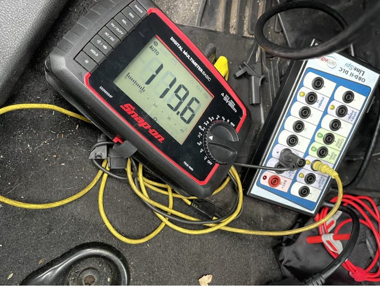 Figure 3- Resistance test being performed (using my AESWave LineSpi breakout box and Snap-on DMM at the DLC) of the CAN bus.