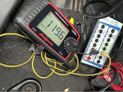 Figure 3- Resistance test being performed (using my AESWave LineSpi breakout box and Snap-on DMM at the DLC) of the CAN bus. Figure 3- Resistance test being performed (using my AESWave LineSpi breakout box and Snap-on DMM at the DLC) of the CAN bus.