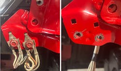 Figure 3- The damage from a collision was repaired flawlessly, but the ground points were poorly referenced due to the painted surfaces. The ground locations were properly prepared, and the vehicle functioned as designed. Figure 3- The damage from a collision was repaired flawlessly, but the ground points were poorly referenced due to the painted surfaces. The ground locations were properly prepared, and the vehicle functioned as designed.