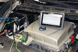 Figure 7 – In cooling mode, the line temperature analysis provided similar results to conventional A/C systems. The compressor speed also dropped within an rpm range that paralleled traditional A/C designs. However, in heating mode, the significant temperature changes at the front condenser were different from the usual, and it was “cold” to the touch. In de-icing mode, the evaporator and the heating orifice are bypassed to allow heated high-pressure refrigerant to flow through the front condenser to melt the ice. Figure 7 – In cooling mode, the line temperature analysis provided similar results to conventional A/C systems. The compressor speed also dropped within an rpm range that paralleled traditional A/C designs. However, in heating mode, the significant temperature changes at the front condenser were different from the usual, and it was “cold” to the touch. In de-icing mode, the evaporator and the heating orifice are bypassed to allow heated high-pressure refrigerant to flow through the front condenser to melt the ice.