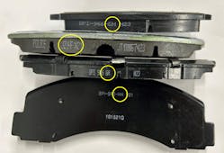 Figure 6- These brake pads have friction codes (GH, FF and HH -- yellow circles) that show various levels of the friction material used in their compounds. Not all aftermarket or OEM brands use brake pad friction codes, as they are not mandated by government regulations.