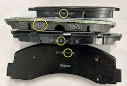 Figure 6- These brake pads have friction codes (GH, FF and HH -- yellow circles) that show various levels of the friction material used in their compounds. Not all aftermarket or OEM brands use brake pad friction codes, as they are not mandated by government regulations. Figure 6- These brake pads have friction codes (GH, FF and HH -- yellow circles) that show various levels of the friction material used in their compounds. Not all aftermarket or OEM brands use brake pad friction codes, as they are not mandated by government regulations.