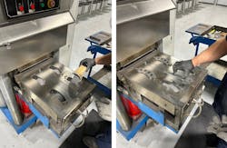 Figure 9- This machine is a positive mold tool and friction hot press. The pad material mix is poured into the mold cavity and cured using heat and pressure. A set of brake pads can be pressed and cured (heated) in about five minutes.