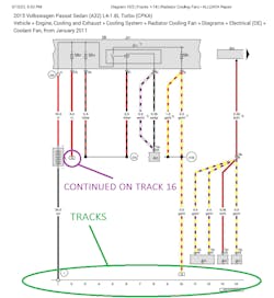 Figure 1- Factory DIN diagram of cooling fan circuit displaying tracks 1-14 at the bottom. This is where the circuits continue. Figure 1- Factory DIN diagram of cooling fan circuit displaying tracks 1-14 at the bottom. This is where the circuits continue.