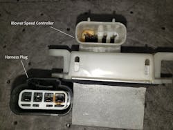Figure 1- This blower speed controller and harness connector melted from excessive heat caused by resistance in the controller. Figure 1- This blower speed controller and harness connector melted from excessive heat caused by resistance in the controller.