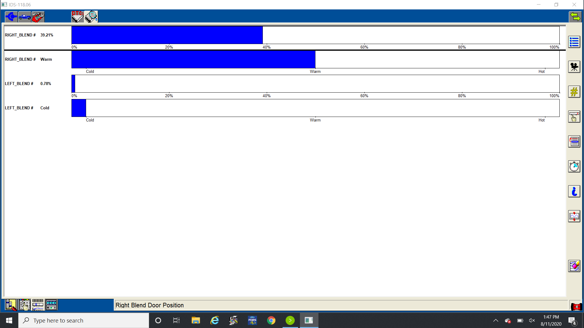 Figure 4- This is a scan tool view of left-side and right-side temperature blend door operation on a DATC system. On this vehicle, the left-side temperature selected is lower than the temperature selected on the right side. The actuators are being commanded accordingly.