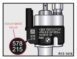 Figure 5- The information being displayed here is an adjustment value unique to a fuel injector. This information must be shared with the ECU during the encoding process as it represents injector flow rate. Figure 5- The information being displayed here is an adjustment value unique to a fuel injector. This information must be shared with the ECU during the encoding process as it represents injector flow rate.