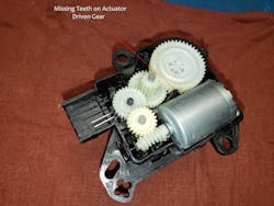 Figure 5- This internal view of an inlet door actuator shows missing teeth on the driven gear, causing the actuator to make a banging noise during operation.