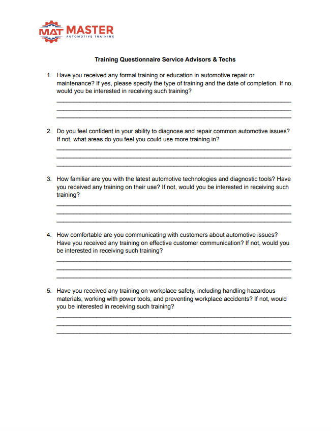 Figure 1- A training questionnaire allows shop owners to determine their staff's training starting point.