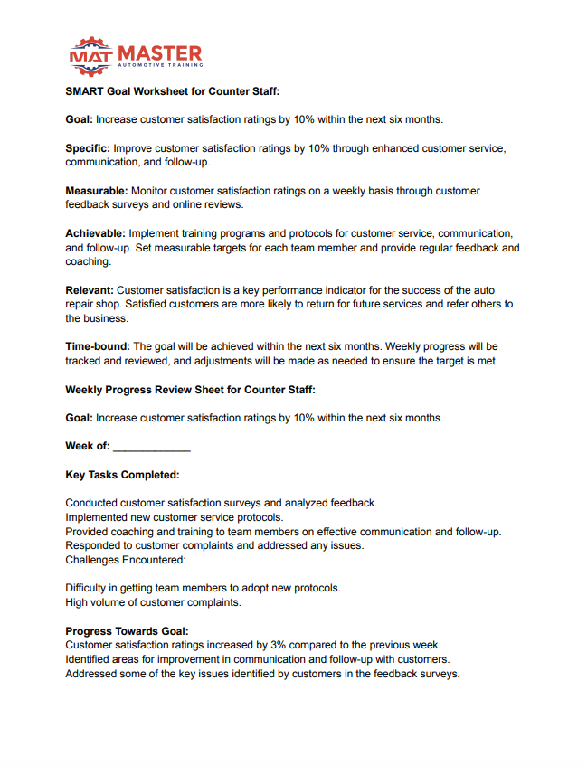 Figure 2- An example of a SMART (specific, measurable, achievable, relevant, and time-bound) goals sheet you can use with your service advisors.
