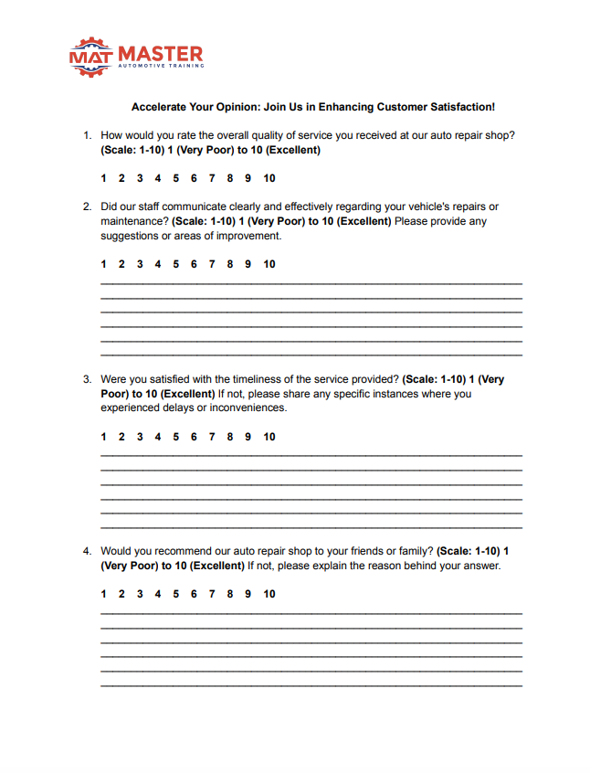 Figure 3- As part of the shop evaluation, here is a customer questionnaire to gauge how well counter staff is keeping to their goals.