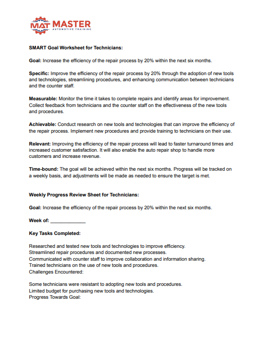 Figure 4- An example of a SMART (specific, measurable, achievable, relevant, and time-bound) goals sheet you can use with your technicians.