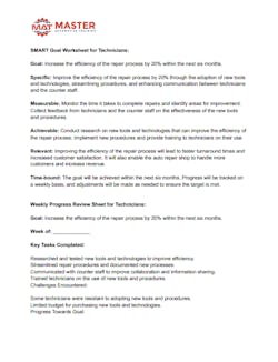 Figure 4- An example of a SMART (specific, measurable, achievable, relevant, and time-bound) goals sheet you can use with your technicians. Figure 4- An example of a SMART (specific, measurable, achievable, relevant, and time-bound) goals sheet you can use with your technicians.