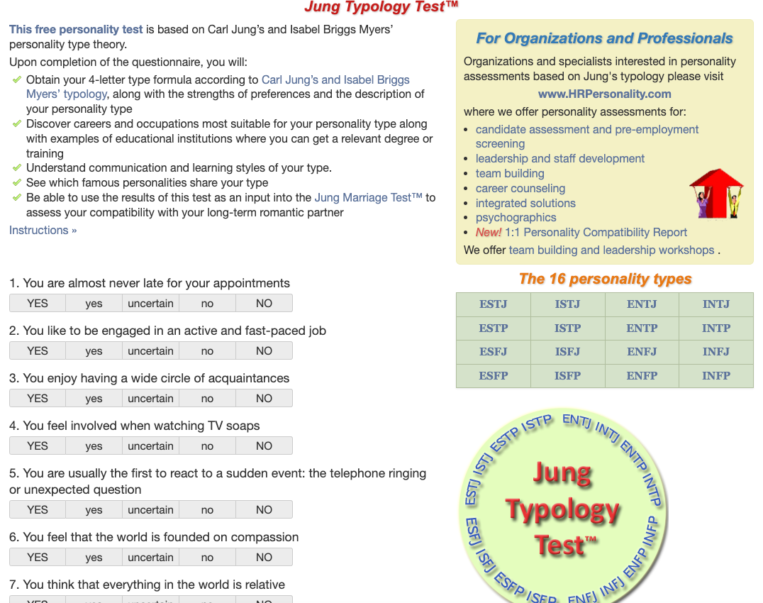 Figure 5- This personality test will help show owners better understand their type of personality and learning style for each team member. Find the test at https://www.humanmetrics.com/personality/test.