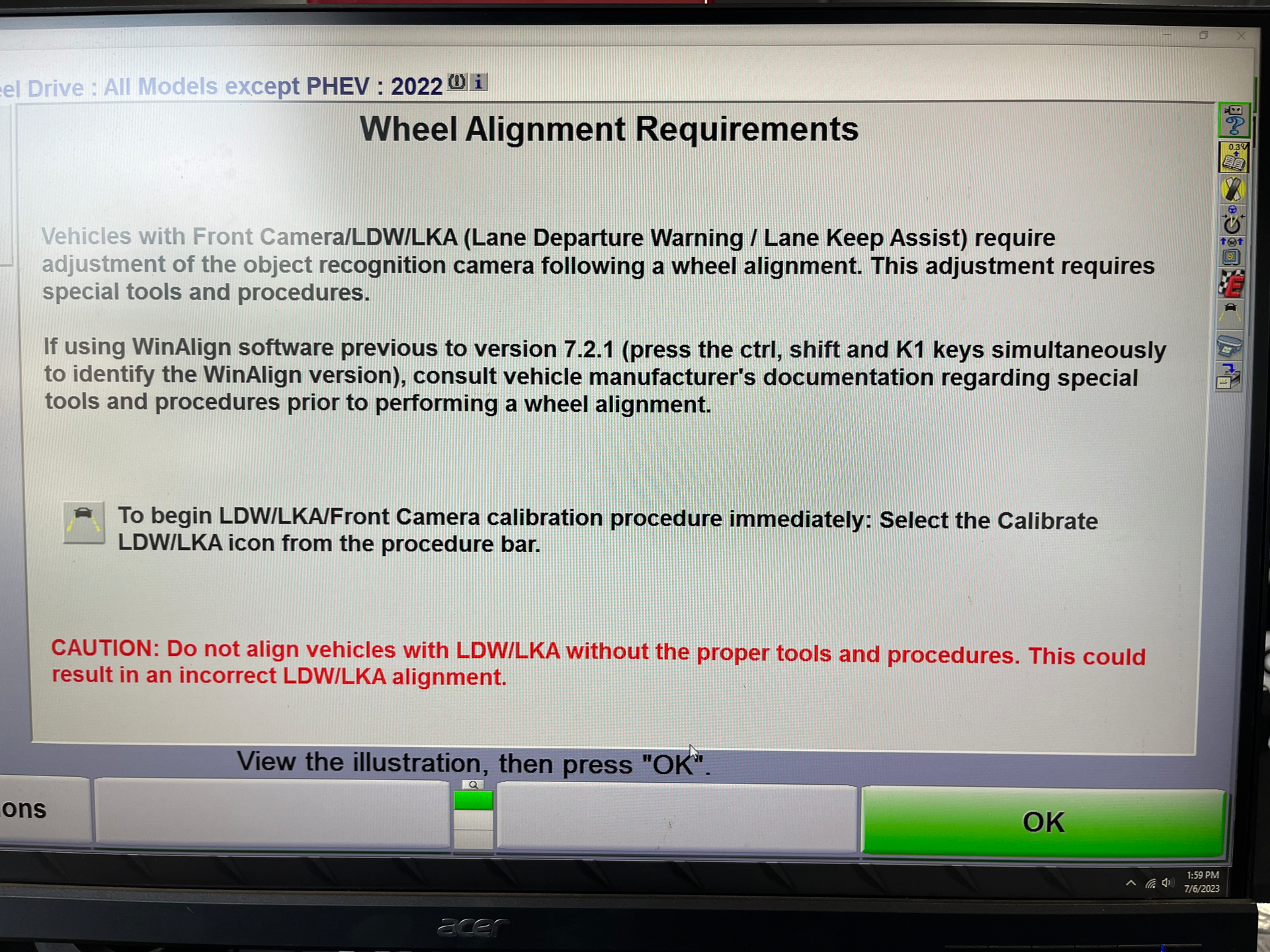 Figure 3- Hunter alignment screen shot illustrating the vehicle being aligned will need a calibration.