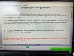 Figure 3- Hunter alignment screen shot illustrating the vehicle being aligned will need a calibration. Figure 3- Hunter alignment screen shot illustrating the vehicle being aligned will need a calibration.