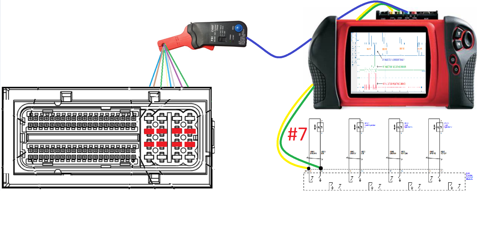 Figure 3- This represents how the lab scope and amp probe are connected to the vehicle's wiring harness.