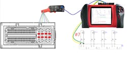 Figure 3- This represents how the lab scope and amp probe are connected to the vehicle's wiring harness. Figure 3- This represents how the lab scope and amp probe are connected to the vehicle's wiring harness.