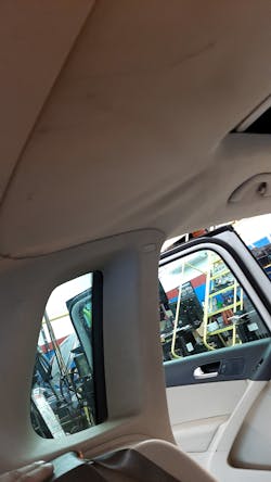 Figure 10- These water stains on the headliner are a telltale sign of a water leak. Figure 10- These water stains on the headliner are a telltale sign of a water leak.