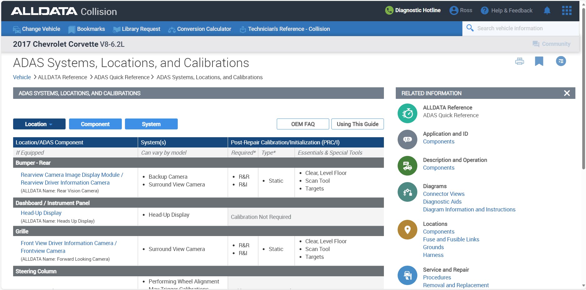 Figure 3- This ALLDATA screen shot illustrates a collision shop version which offers many ADAS calibration procedures.