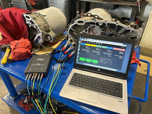 Here, the Pico MT03 is being used to measure phase-to-phase drive motor resistances on a 2013 Toyota RAV4EV.