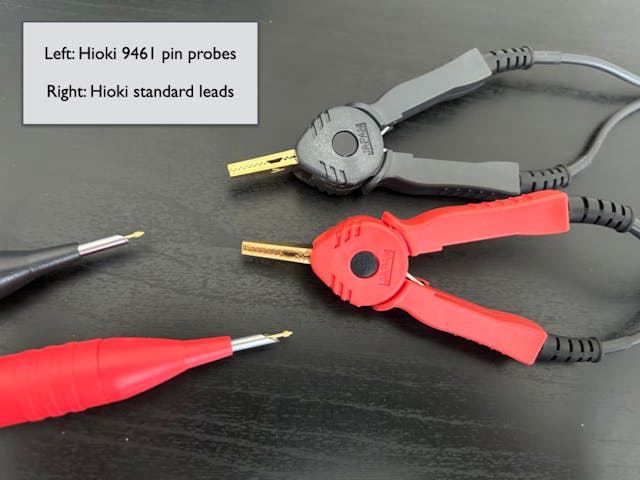 Alligator clip leads are used when measuring phase-to-phase motor-generator resistances. Pin probes are used to measure the resistance of bolted connections, including ground points.