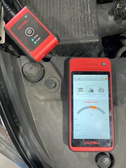 Figure 1 — This battery tester is indicating a battery needs further testing. Figure 1 — This battery tester is indicating a battery needs further testing.