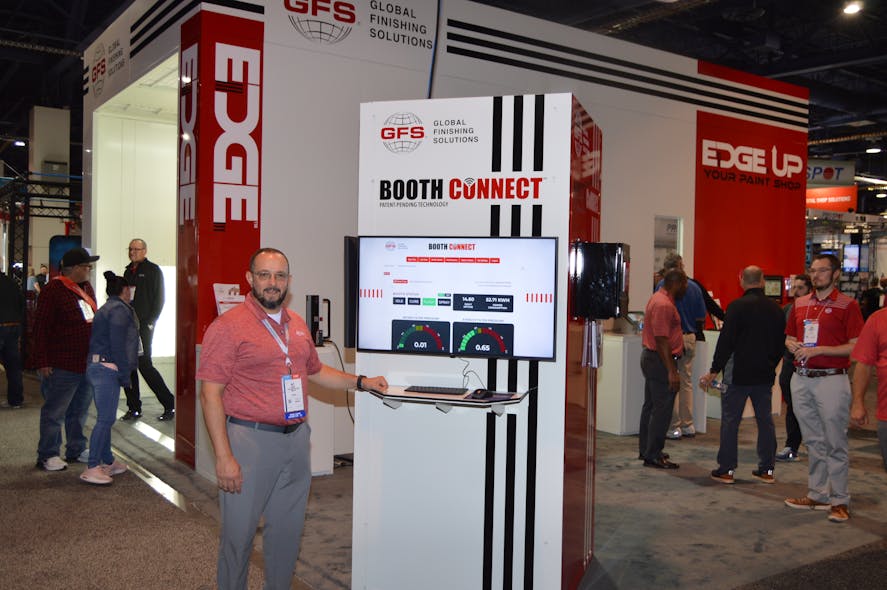 Matt Salvo, vice president of the aftermarket business unit at Global Finishing Solutions, shows on a monitor a sample of the data that can be collected from the company&apos;s Booth Connect, which debuted at the SEMA Show along with the new Edge paint booth.