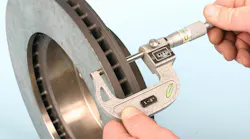 Measure the rotor disc for thickness and compare your findings to the minimum thickness (which should appear on the rear of the rotor hat area). This is necessary when dealing with used rotors and/or re-machined rotors. It’s also a good idea to measure thickness even on a new rotor just to verify.