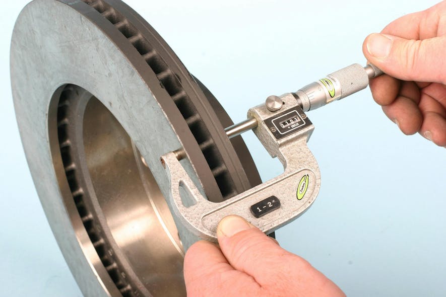 Measure the rotor disc for thickness and compare your findings to the minimum thickness (which should appear on the rear of the rotor hat area). This is necessary when dealing with used rotors and/or re-machined rotors. It&rsquo;s also a good idea to measure thickness even on a new rotor just to verify.