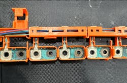 Figure 9 - These battery block voltage sensors are individual thermistor circuits that report to an ECU for diagnostic purposes. Corrosion here creates inaccuracies and causes system faults. (Courtesy John Forro) Figure 9 - These battery block voltage sensors are individual thermistor circuits that report to an ECU for diagnostic purposes. Corrosion here creates inaccuracies and causes system faults. (Courtesy John Forro)