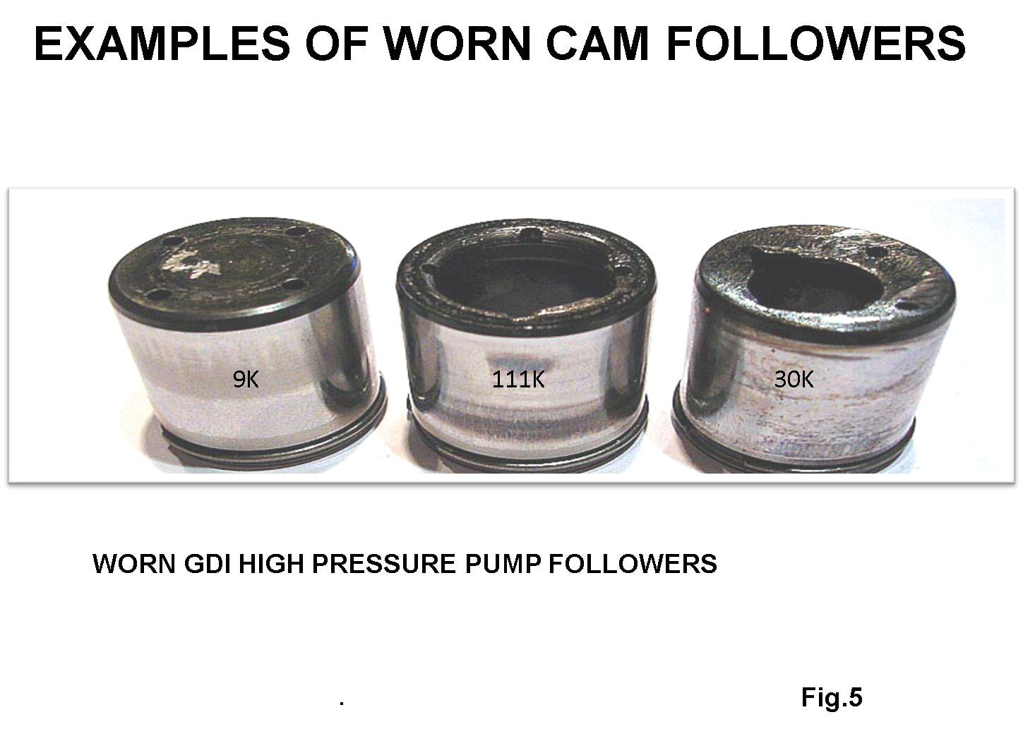 Examples of worn camshaft followers. If followers are worn, chances are the cam lobes are also worn.