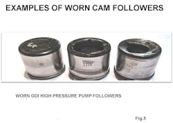 Examples of worn camshaft followers. If followers are worn, chances are the cam lobes are also worn. Examples of worn camshaft followers. If followers are worn, chances are the cam lobes are also worn.