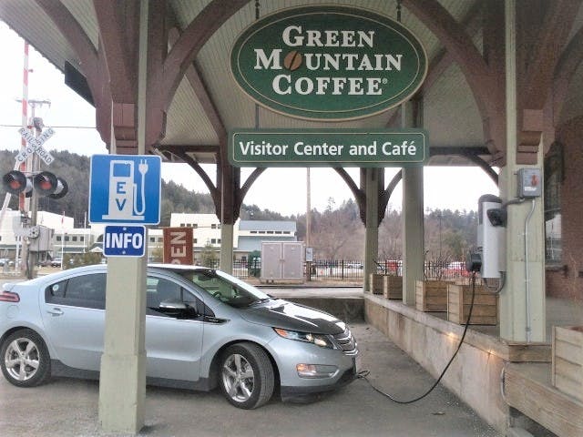 A Chevy Volt recharging at a business location in Vermont.