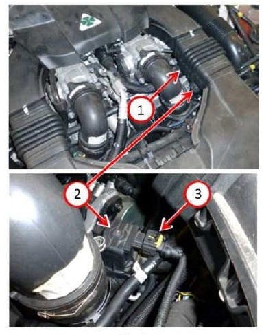 1) fresh air duct; 2) by-pass solenoid valve; 3) by-pass valve connector.