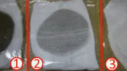 Examples of soot particle tests one and two: soot readily visible. Three: no soot.