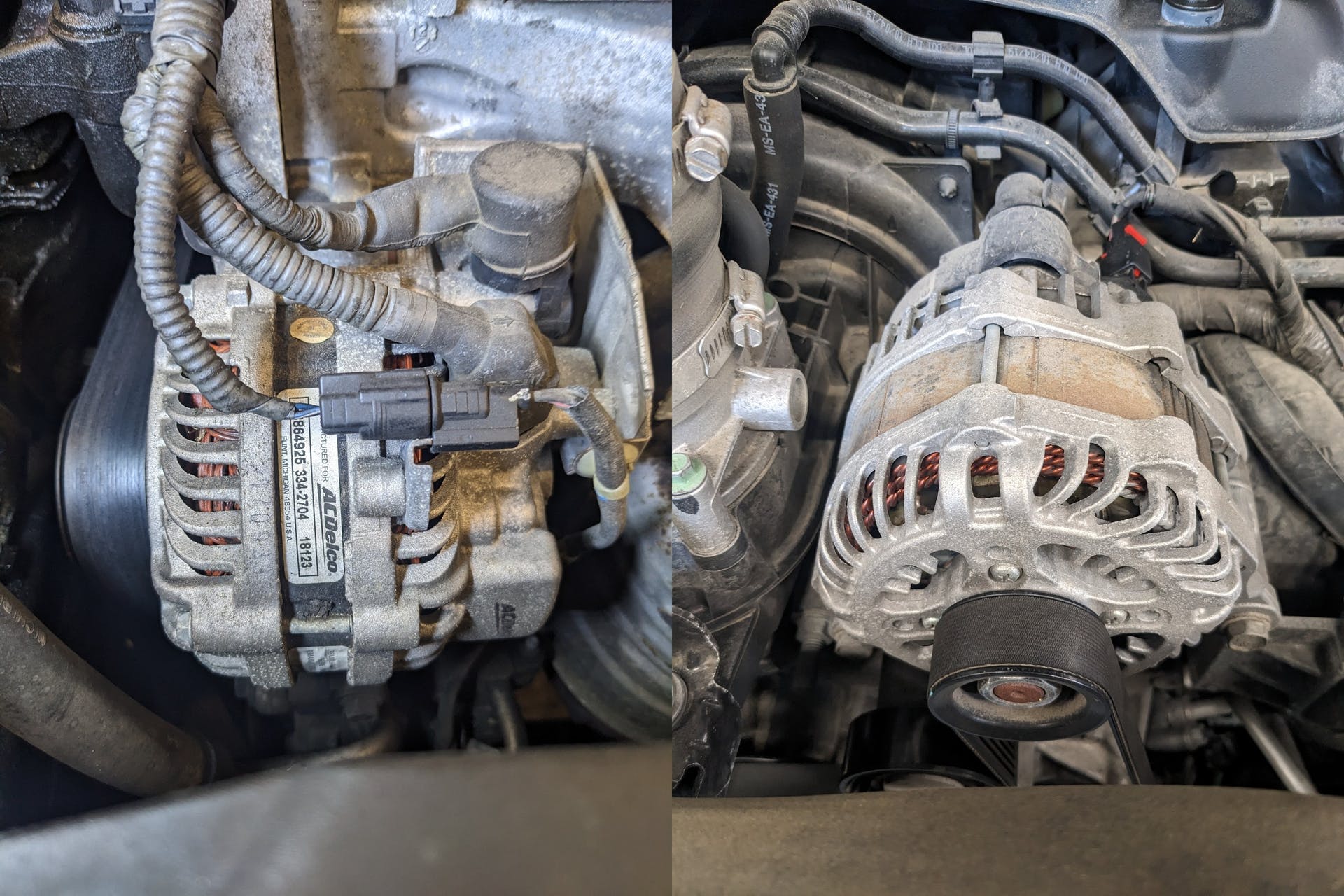 The alternators pictured here (Honda Civic on the left and Ram on the right) are responsible for supplying all the electrical needs of the entire vehicle and recharging the battery.