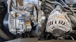 The alternators pictured here (Honda Civic on the left and Ram on the right) are responsible for supplying all the electrical needs of the entire vehicle and recharging the battery.
